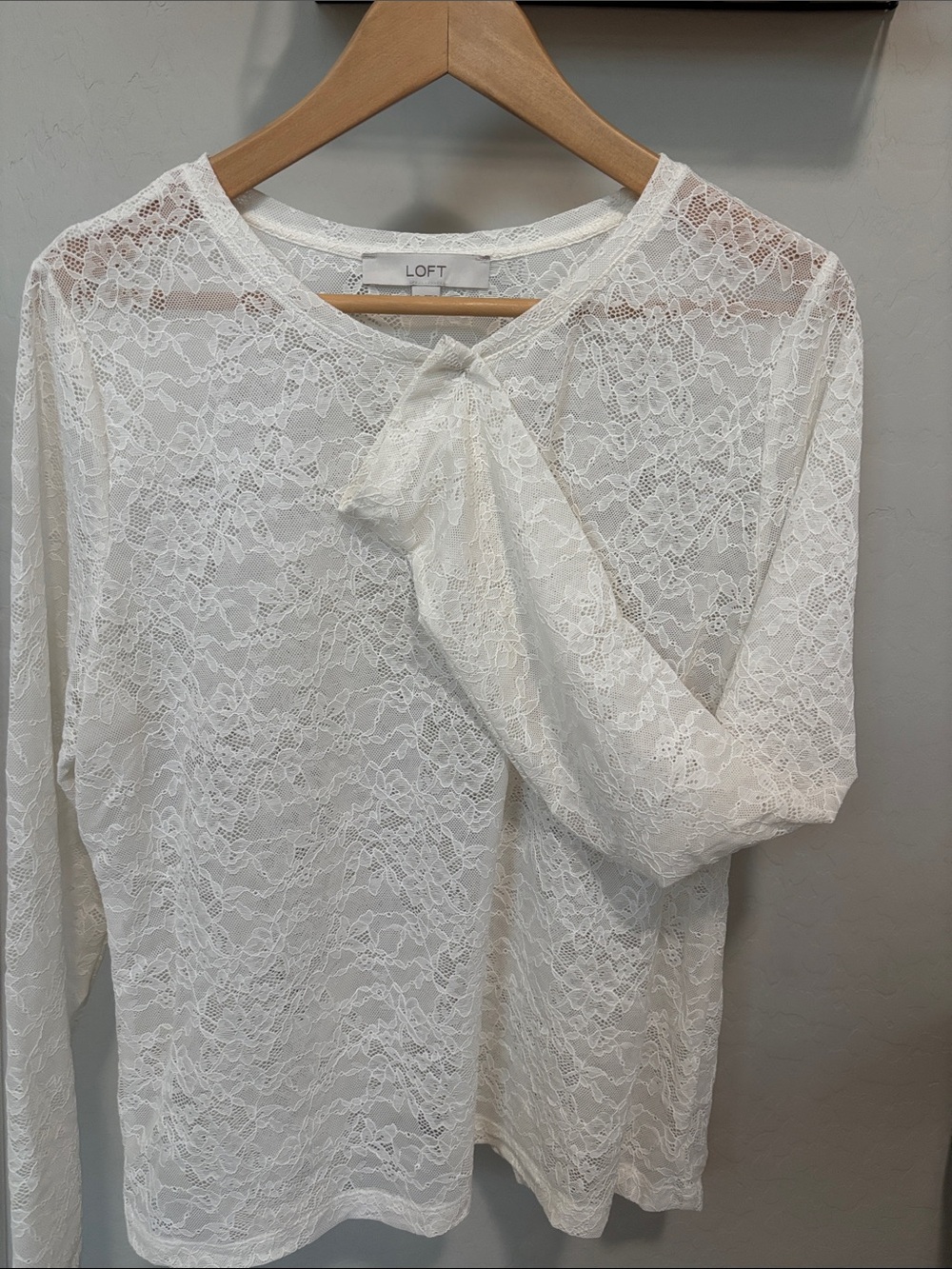 LOFT Cream Lace Long-Sleeve Bow-Neck Top